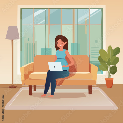 Femme enceinte travaillant à domicile dans un salon moderne