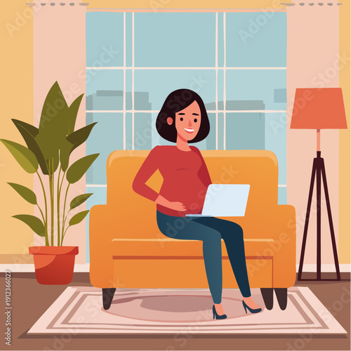 Femme enceinte travaillant à domicile dans un salon moderne