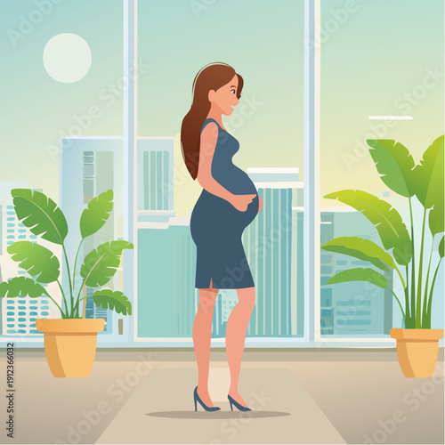 Femme enceinte dans son appartement, debout devant une fenêtre avec vue urbaine