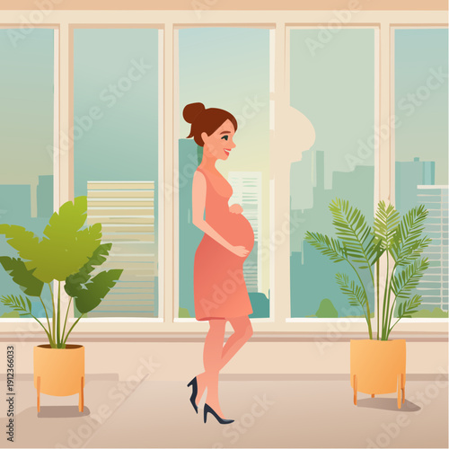 Femme enceinte dans son appartement, debout devant une fenêtre avec vue urbaine