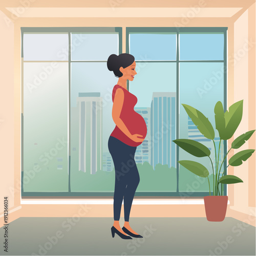 Femme enceinte dans son appartement, debout devant une fenêtre avec vue urbaine