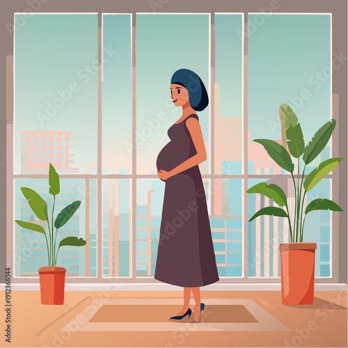 Femme enceinte dans son appartement, debout devant une fenêtre avec vue urbaine