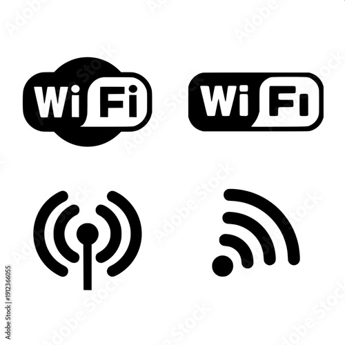Grid layout of modern wireless connection icons, including circular wifi, signal bars, and frequency wave graphics, high contrast black vector illustration.