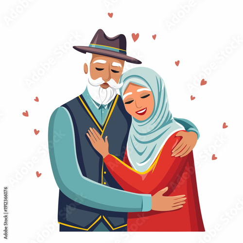 Couple musulman âgé, enlacé avec tendresse