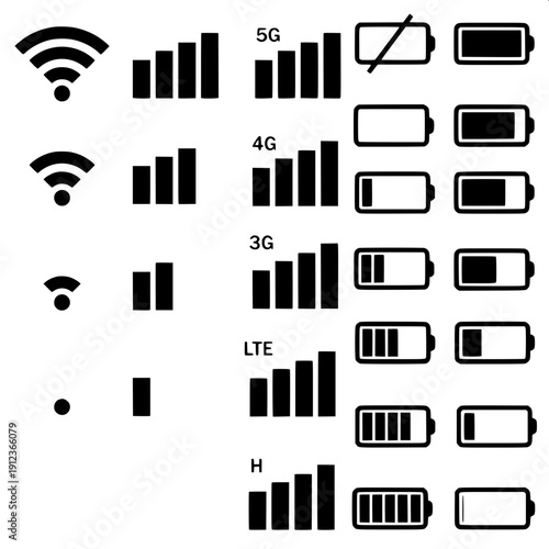 Grid layout of modern wireless connection icons, including circular wifi, signal bars, and frequency wave graphics, high contrast black vector illustration.
