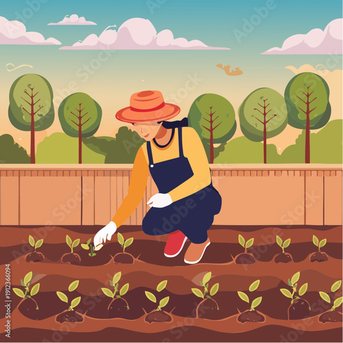 Agricultrice plantant de jeunes pousses dans un champ au soleil