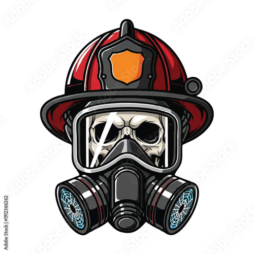 Illustration of a firefighter helmet with a skull wearing a gas mask on a white background with a dark and ominous mood.