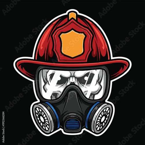 Illustration of a firefighter's helmet and gas mask on a black background with a skull design in slow motion.
