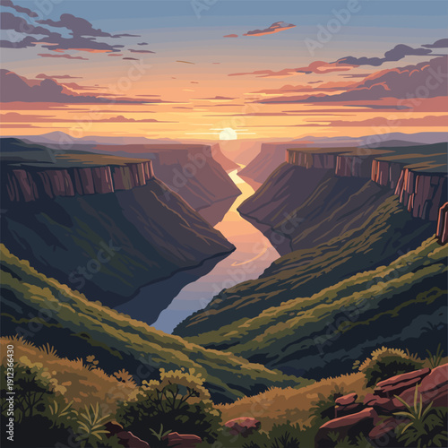 River Flowing Through Canyon at Sunset.