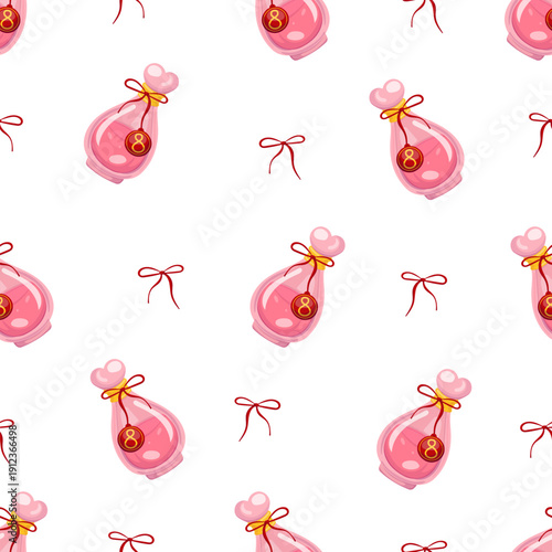 Seamless pattern with pink perfume bottles decorated with number 8 and bows, perfect for Womens Day packaging, wrapping paper, textile and greeting card design
