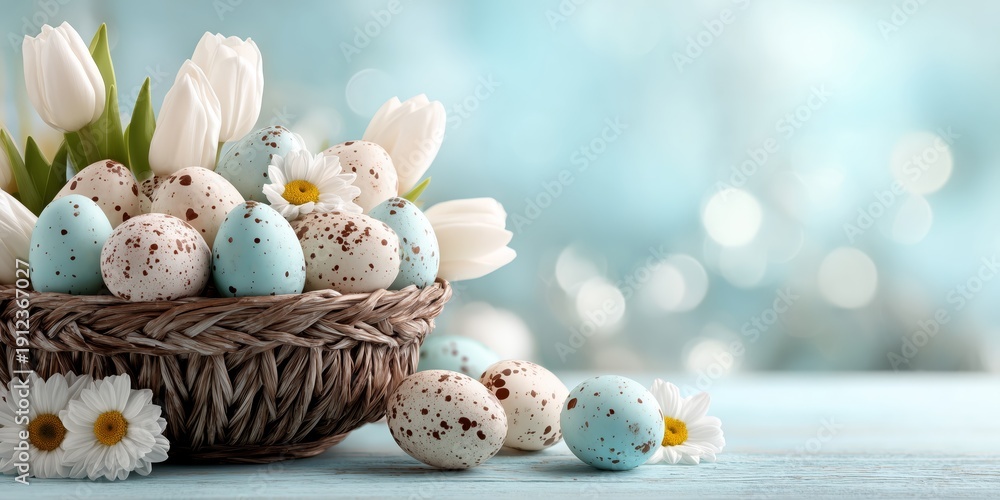 Obraz premium Festive wicker basket filled with decorated eggs and fresh flowers, clean copy space for Easter promotions and invitations