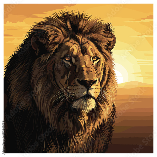 Lion with majestic mane and fierce expression.