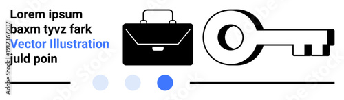 Black briefcase and key with text elements and circular accents in blue and gray. Ideal for business strategy, security, access, success, professional growth, innovation, simple landing page