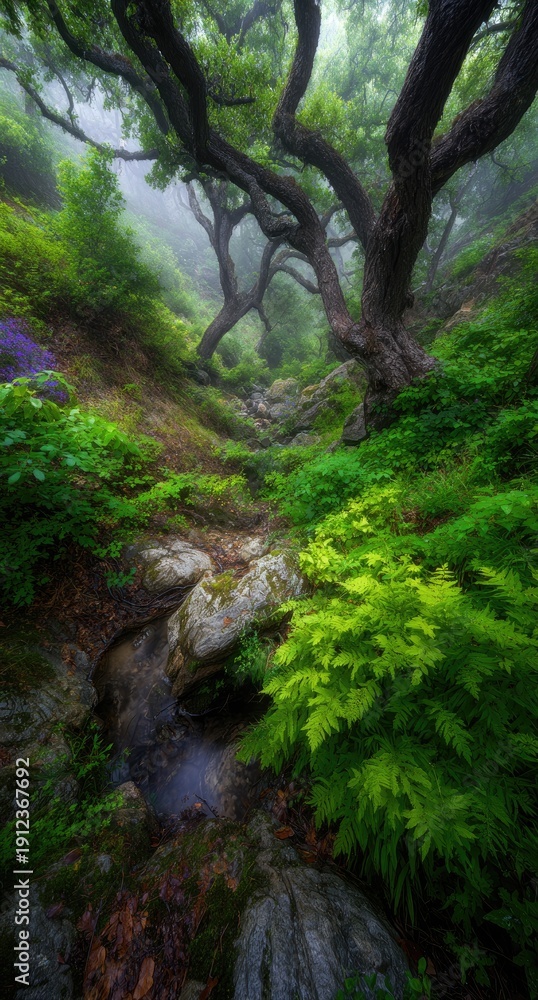 Obraz premium Lush, misty forest path