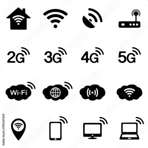 Set of communication and connectivity icons, featuring wifi arcs, signal strength indicators, and audio equalizer shapes, flat monochrome vector style.