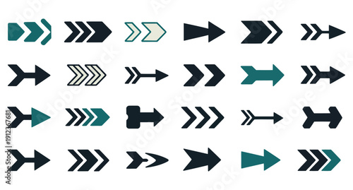 A curated collection of modern, stylized directional arrow icons featuring geometric shapes and teal and navy color variations for navigation and progress indication.