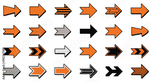 Collection of diverse orange and black right-pointing arrow icons featuring various styles, outlines, and fill patterns for navigation design.
