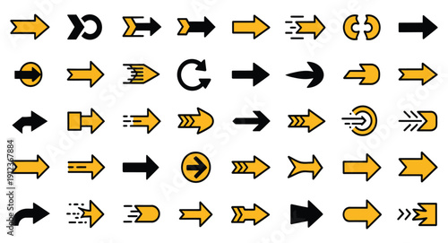 Collection of diverse black and yellow stylized rightward pointing arrow icons showcasing movement, direction, and navigation elements clearly.