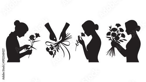 Elegant vector silhouettes depicting women engaged in the art of floristry, showcasing flower arranging, bouquet creation, and the appreciation of fresh blossoms