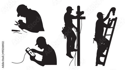 Silhouette illustrations of electricians performing tasks on utility poles and ladders