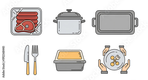 Versatile collection of food and cooking flat line icons kitchenware, packaged meat, dining utensils, and meal service elements for culinary graphic design projects