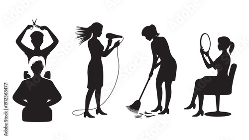 Silhouette illustrations depicting salon services, hair care, and home cleaning tasks
