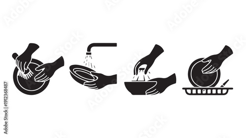 Set of four icons illustrating the steps for washing dishes by hand, from rinsing to drying