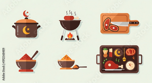 Ramadan food and cooking icons on a light background, featuring dishes like kebabs, stews, and meat on platters
