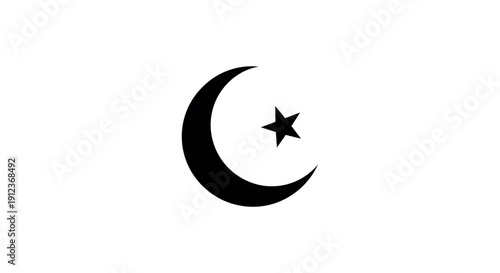 A simple graphic design featuring a black crescent moon and a four-pointed star on a white background