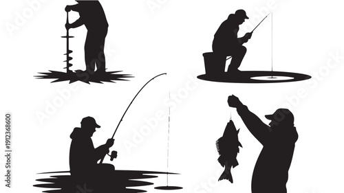 A set of four crisp black silhouettes depicting various ice fishing activities and a successful catch