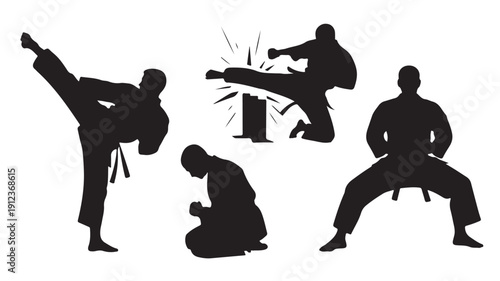 Clean vector illustration set featuring dynamic martial arts silhouettes in various combat poses and training exercises, showcasing discipline and strength