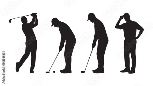 Dynamic black silhouettes of a male golfer demonstrating various stages of the golf swing and a relaxed stance, perfect for sports and leisure design