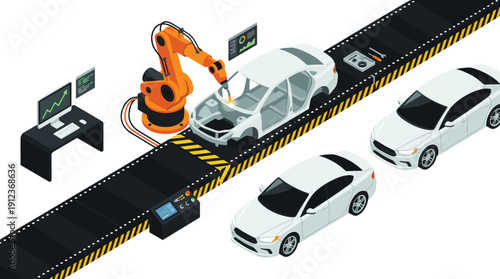 Automated car manufacturing assembly line with robotic arm, modern factory production process, smart industry technology, electric vehicle concept, industrial automation, quality control, and 