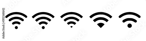 Simple connectivity icon grid showing internet signal levels, antenna transmission waves, and audio pulse waveform graphics, monochrome flat illustration.
