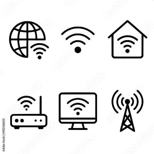 Simple connectivity icon grid showing internet signal levels, antenna transmission waves, and audio pulse waveform graphics, monochrome flat illustration.
