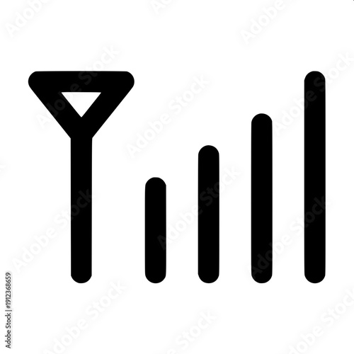Simple connectivity icon grid showing internet signal levels, antenna transmission waves, and audio pulse waveform graphics, monochrome flat illustration.