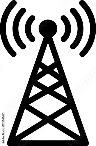 Simple connectivity icon grid showing internet signal levels, antenna transmission waves, and audio pulse waveform graphics, monochrome flat illustration.