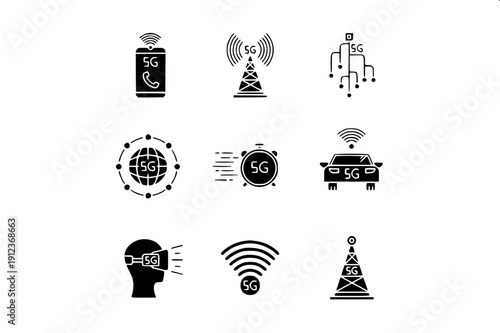 Simple connectivity icon grid showing internet signal levels, antenna transmission waves, and audio pulse waveform graphics, monochrome flat illustration.