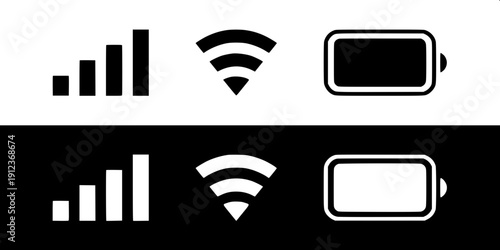 Simple connectivity icon grid showing internet signal levels, antenna transmission waves, and audio pulse waveform graphics, monochrome flat illustration.