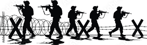 Military soldiers silhouette patrolling border with rifles, barbed wire and barricades, armed forces security concept, infantry troops marching isolated on white background