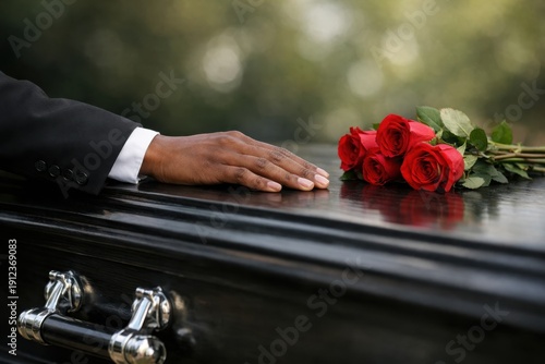 Close up of African American hand resting on black wooden coffin with red roses at funeral service
