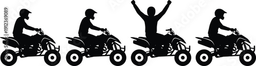 ATV rider silhouette sequence showing quad bike driving and victory pose, extreme sport action concept, off road adventure illustration, black vector isolated on white background