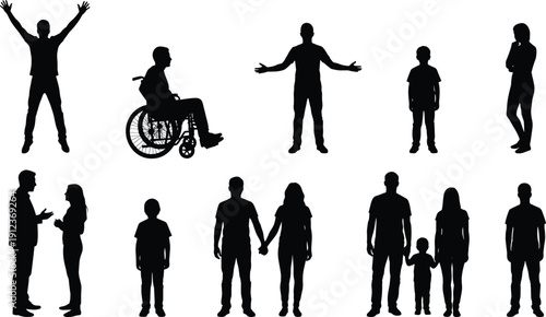 Inclusive people silhouettes collection showing diversity, disability awareness, family relationships, social interaction, men women and children figures, background