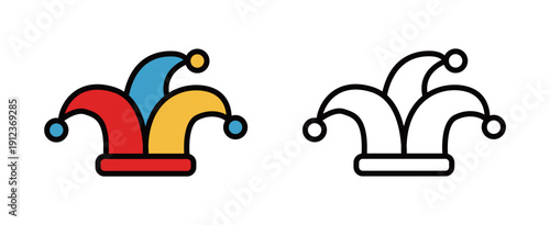 三叉の道化師の帽子とアウトラインのアイコン | ジョーカーやカーニバルの衣装デザイン素材