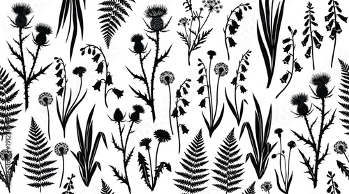 Botanical wild plant silhouette vector collection featuring meadow flowers, herbs, grasses and fern leaves, black floral elements set isolated on white background