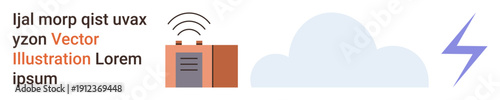 Wireless technology, internet connectivity, cloud computing, data transfer, remote networks, energy concepts. Router emitting signals, a cloud and a lightning bolt. Wireless technology and internet