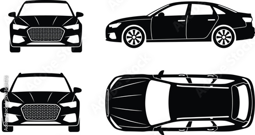 Modern sedan car vector illustration set showing front side top views, black silhouette vehicle design, automotive transport icon collection isolated on white background