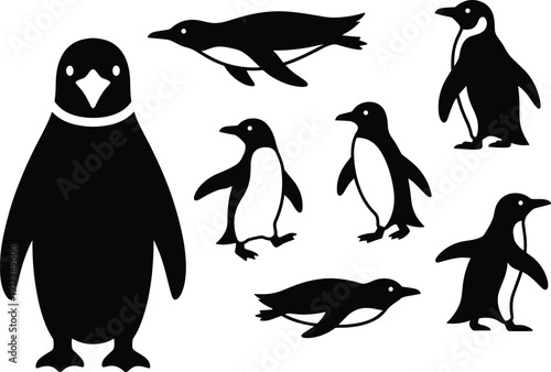 Penguin silhouette vector collection showing standing walking and swimming poses, cute antarctic bird icons set, black wildlife illustration isolated on white background