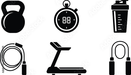 Fitness and gym equipment vector icons featuring kettlebell, stopwatch, shaker bottle, jump rope, treadmill, and resistance band on white background.