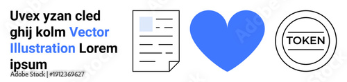 Blockchain technology, digital transactions, tokenization, love, assets, cryptocurrency. A heart, document and token symbol on a white background. Blockchain technology and digital transactions
